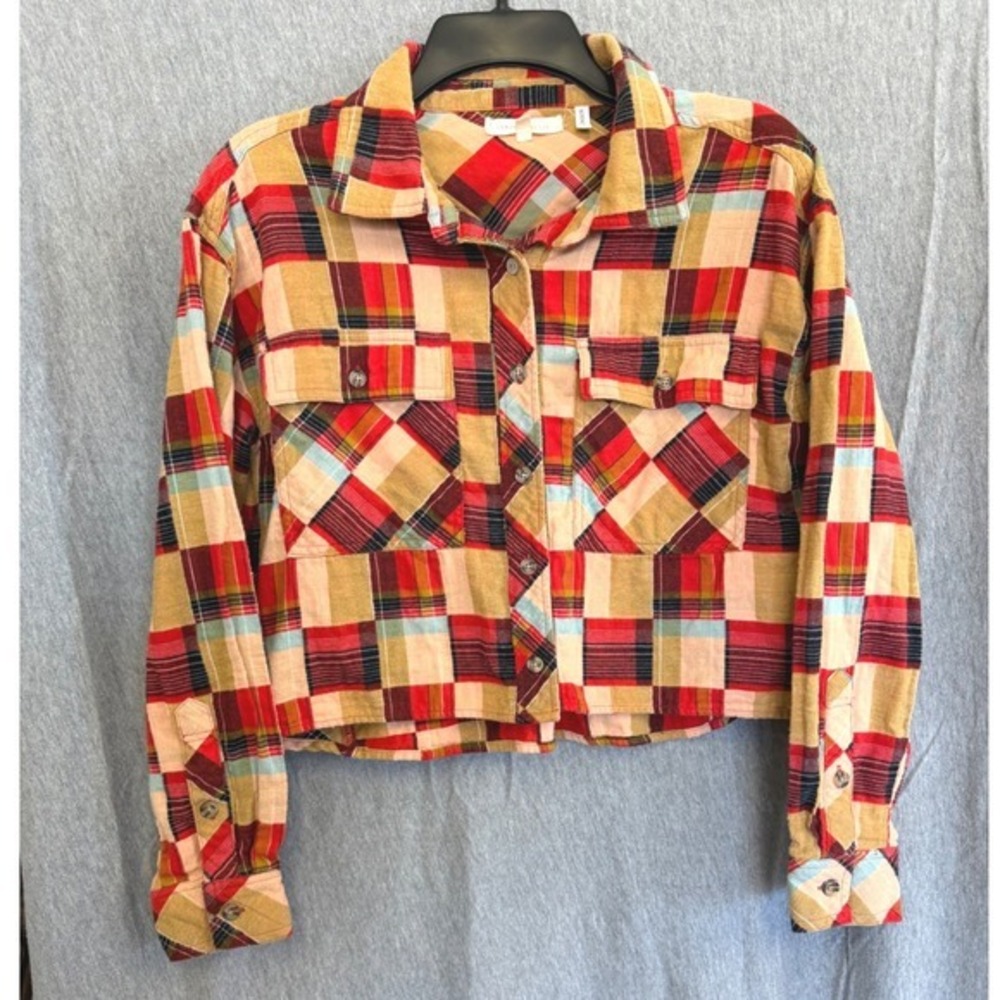 Gilded Intent Cropped‎ Flannel Patchwork Plaid Shirt Boyfriend Womens Small BKE
